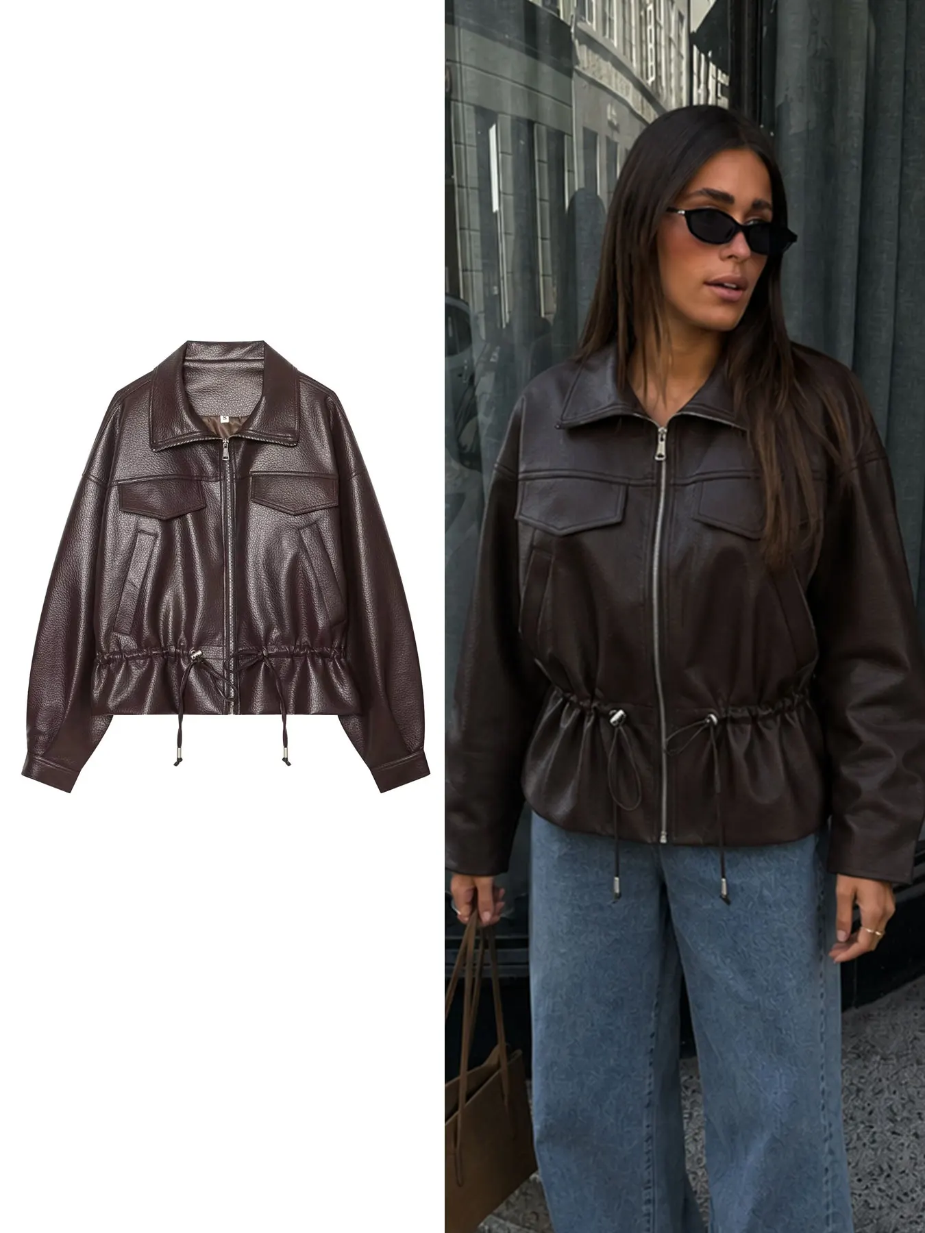 HH Women Faux Leather Vintage Adjustable Waist Coat Zipper Pockets Long Sleeve Jacket Casual Autumn Party Brown Loose Outerwear