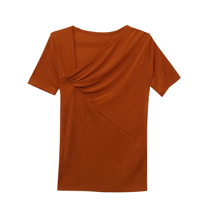 Camiseta feminina slim fit ort sve gola assimétrica verão novo sle design europeu sentido irt linha dobrável topo