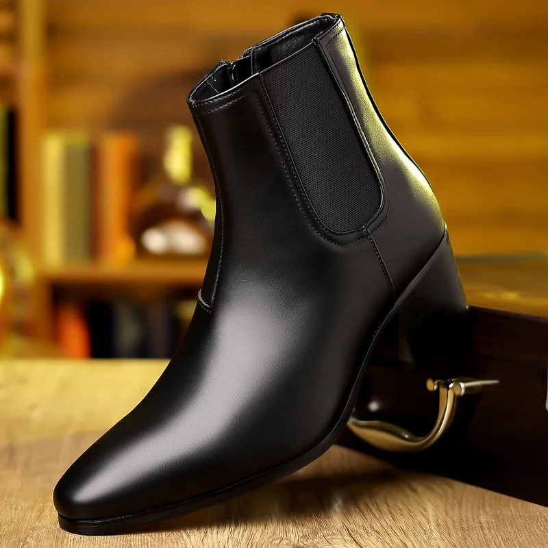 Men's High Heel Boots Black Leather Ankle Boots Side Zipper Pointed Toe Formal Dress Boots Business Party
