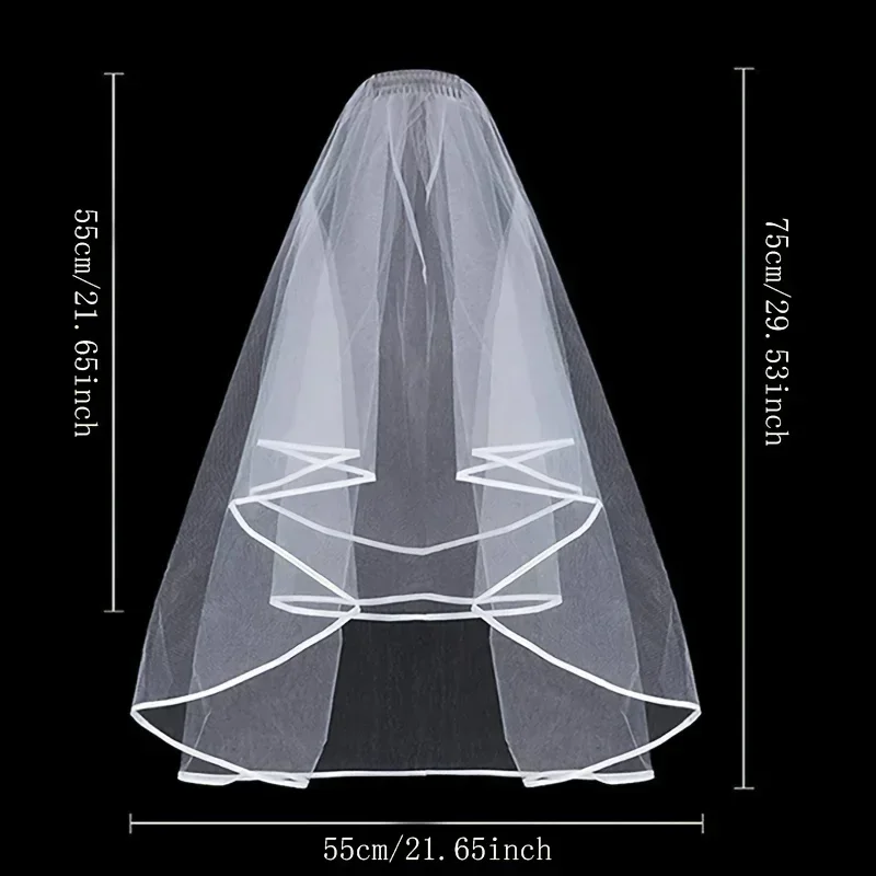 White Ivory Wedding Veil 2 Tier Ribbon Edge Center Cascade Bridal Veil with Comb