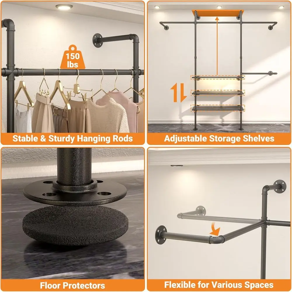 7.25FT Reversible Wall-Mounted Heavy Duty Clothes Rack with LED Lights and Shelves, Grey