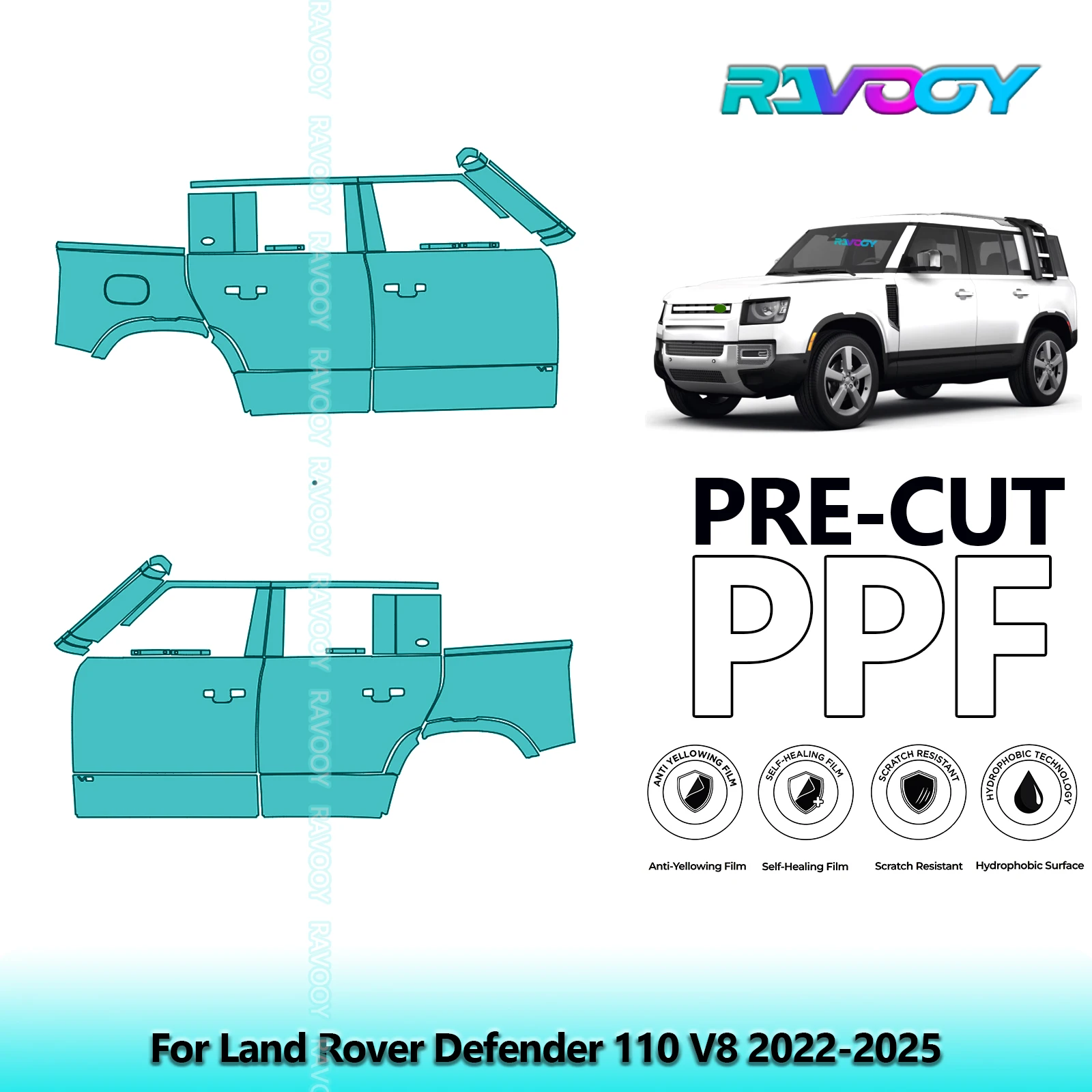 

For Land Rover Defender 110 V8 2022-2025 8.5mil Clear Matte Pre-Cut PPF Door & A/B Pillar Kit TPU Paint Protection Film Set