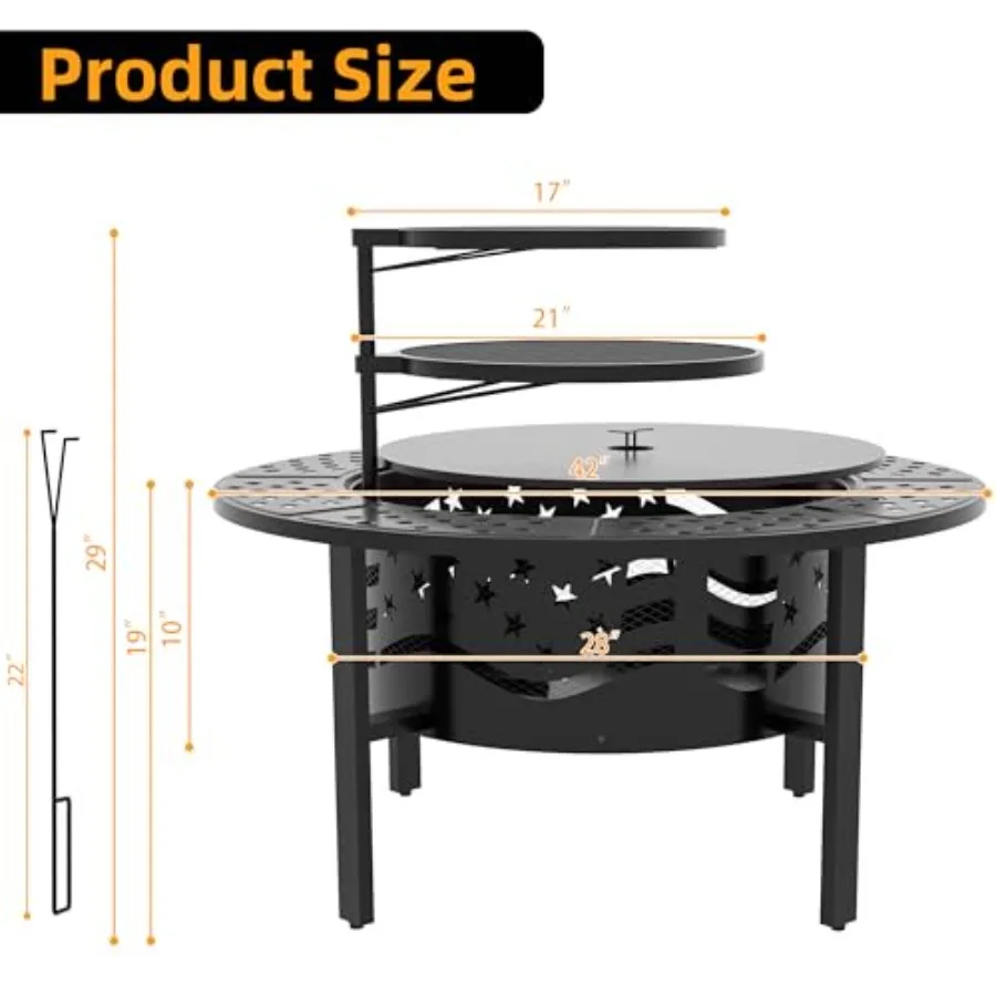 42 Outdoor Wood Burning Fire Pit with 2 Adjustable Grills, steel, black, weather-resistant and dual-level cooking