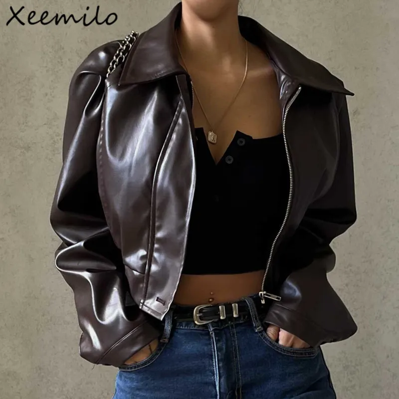 Xeemilo PU Faux Leather Jacket Aesthetic Fashion Streetwear Turn-down Collar Coat Autumn Vintage Casual Simple Long Sleeve Coats