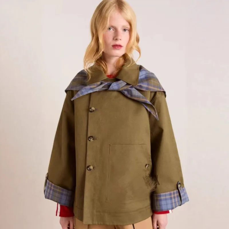 European American Style Plaid Shawl Collar Cargo Coat Women Contrast Plaid Cuff Loose Single Breasted Short Trench Jacket