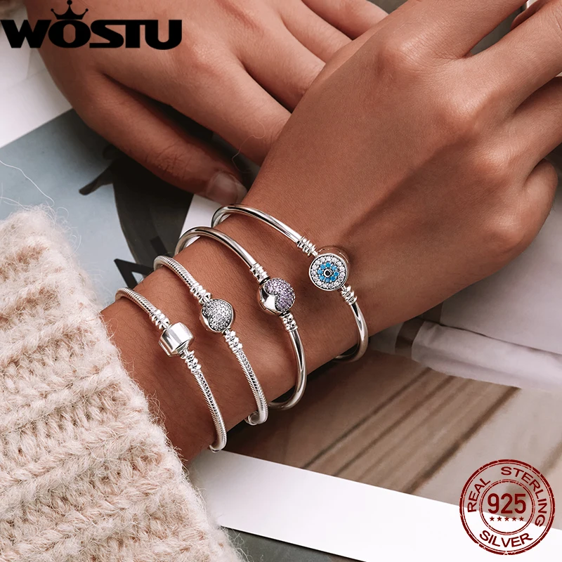WOSTU 100% 925 Sterling Silver Original Bracelets Snowflake Blue Eyes Zircon Chain Fit Women Bracelet & Bangle Luxury Jewelry
