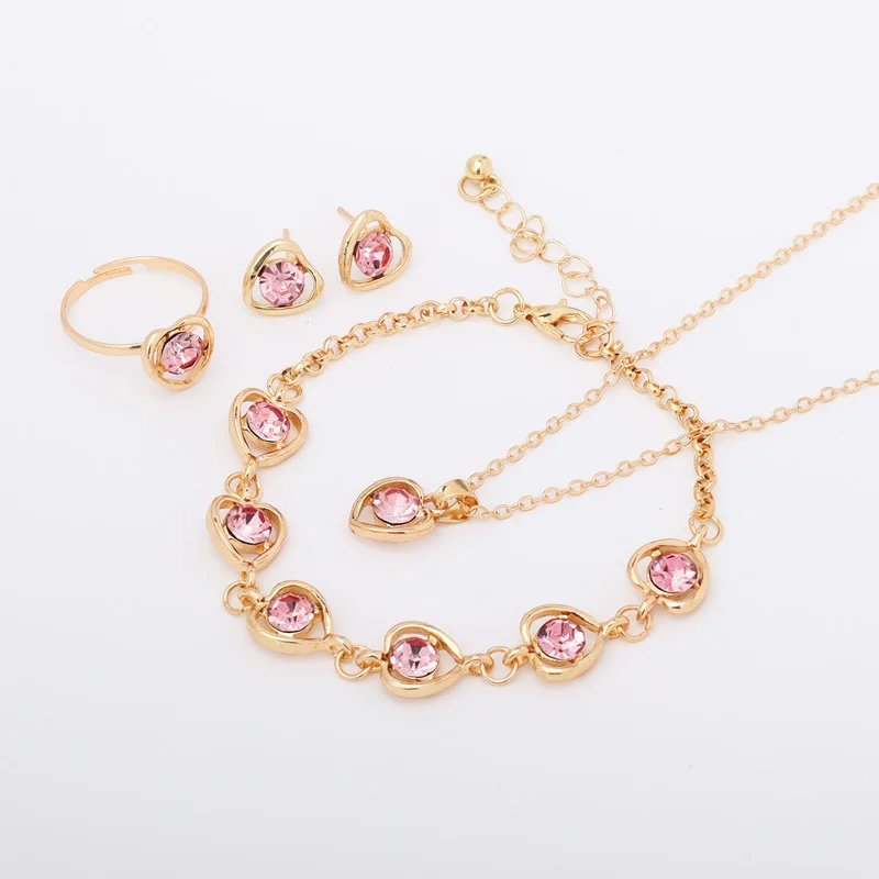 5pcs/Set Women Crystal Love Jewelry Fashionable Elegant High End Peach Heart Necklace Earrings Rings Bracelets Necklace