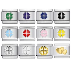 Lucky Colorful Four-leaf Clover Italian Charm Link fit 9mm Stainless Steel Bracelets Jewelry Valentine's Day DIY Making Beads