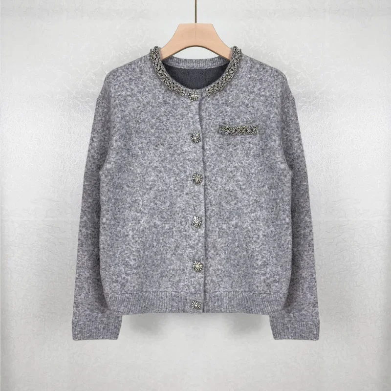 French Autumn Winter New Light Gray Sweaters Fashion Basic Crystal Decorated High Quality Casual Knit Cardigan Women Coat