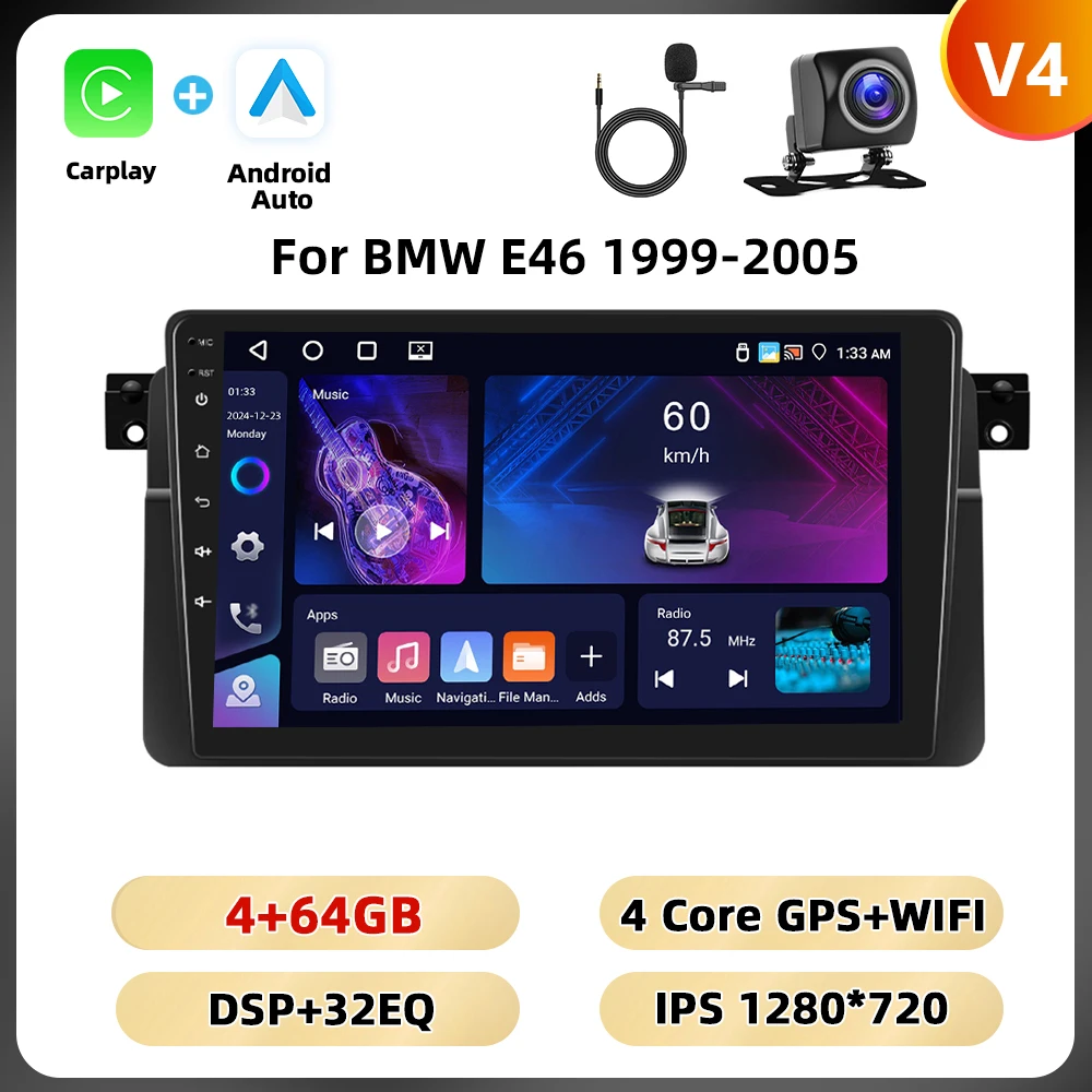 Podofo Carplay Android Auto Radio Voor Bmw E46 1999-2005 Multimedia Speler 8 128G 4G Wifi Ai Voice Spiegel Link Rds Autoradio
