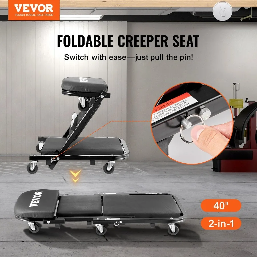 Foldable Z Garage Creeper 40 in 450 lbs Load Capacity Rolling Folding Mechanic Creeper Stool with 6 Universal Wheels Padded Sea
