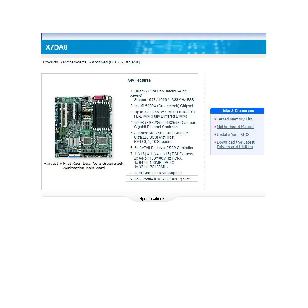 

Материнская плата рабочей станции SuperMicro LGA 771 для набора микросхем Intel 5000X (GreenCreek) X7DA8
