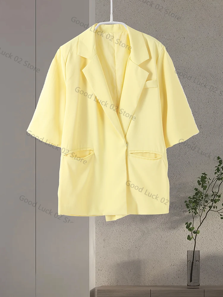 캐주얼 여성 블레이저 코트 반팔 턴다운 칼라 포켓 솔리드 레이디 코트 2025 여름 가을 여성 스트릿 아우터