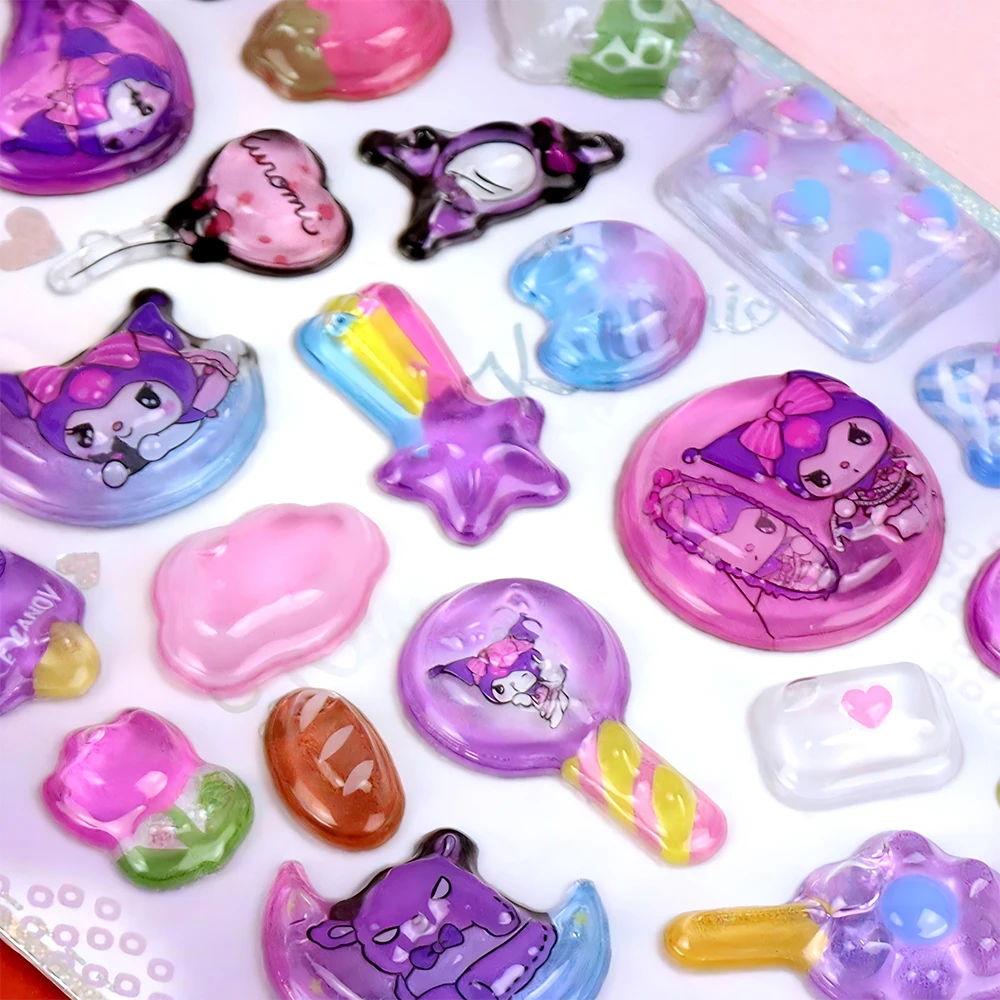 Naklejki 3D Sanrio Cartoon Anime, urocze naklejki z Cinnamoroll, Melody, Kuromi, żelowe kryształowe naklejki DIY, dekoracje na telefon, zabawki dla dzieci.