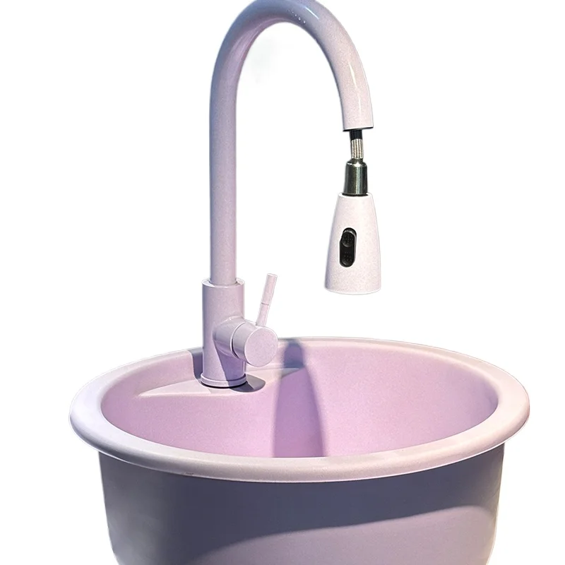 

Taro purple quartz stone single round trough kitchen island bar sink small vegetable basin handmade multi-color