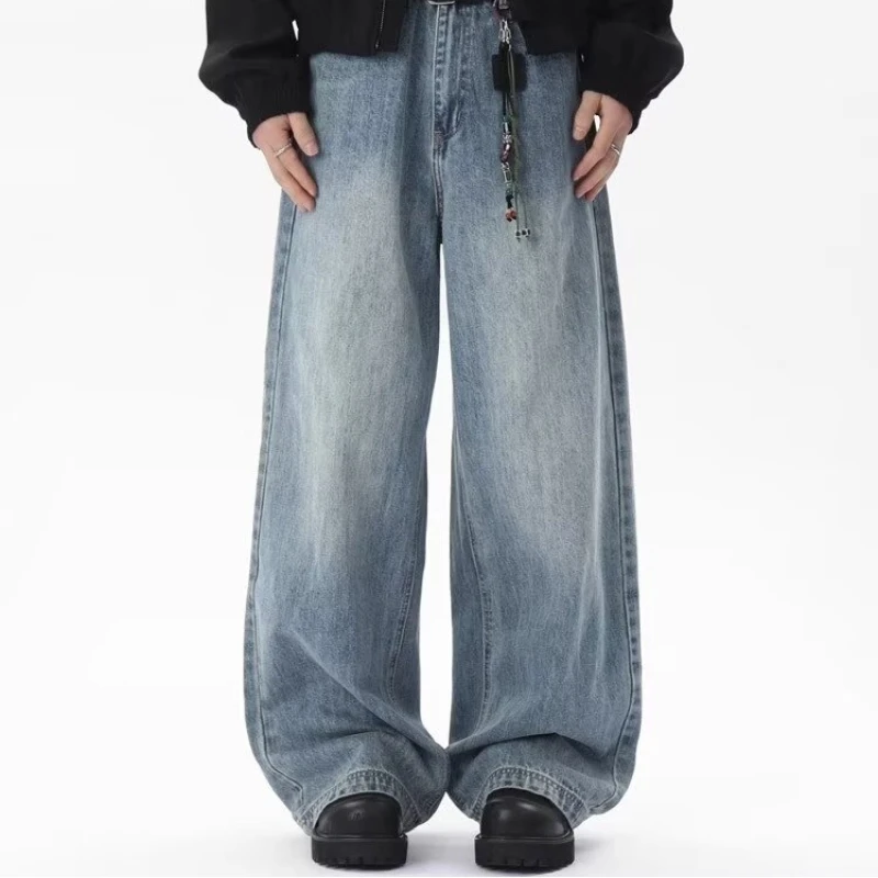 

Loose Straight Jeans Men's Summer Casual Drooping Wide-leg Floor Trousers Chrome Darts Rhinestones Cooling Pants Man Jackets Top