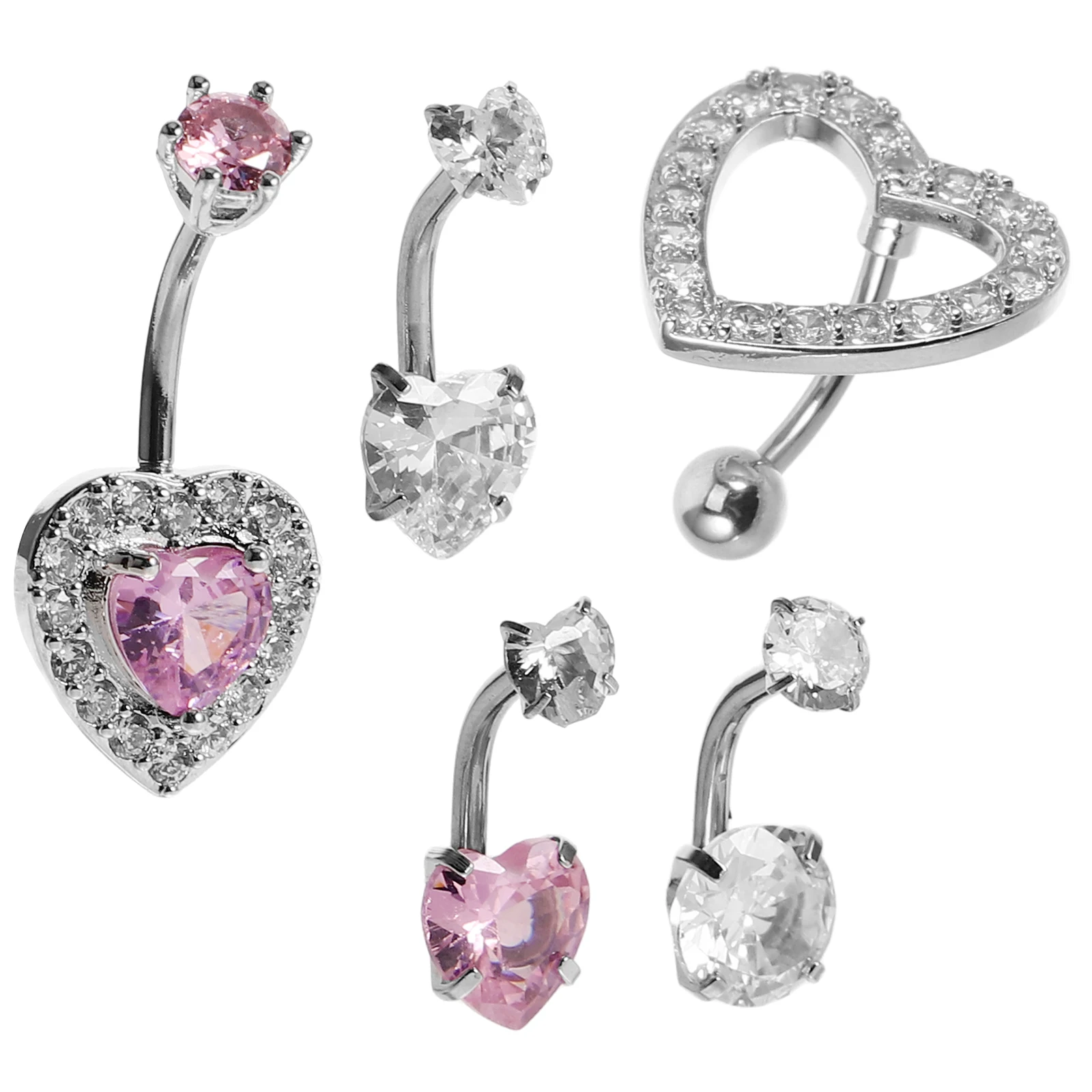 

5 Pcs Heart Shaped Belly Button Ring Stainless Steel Rhinestone Piercing Jewelry for Women Navel Rings Body Accessories