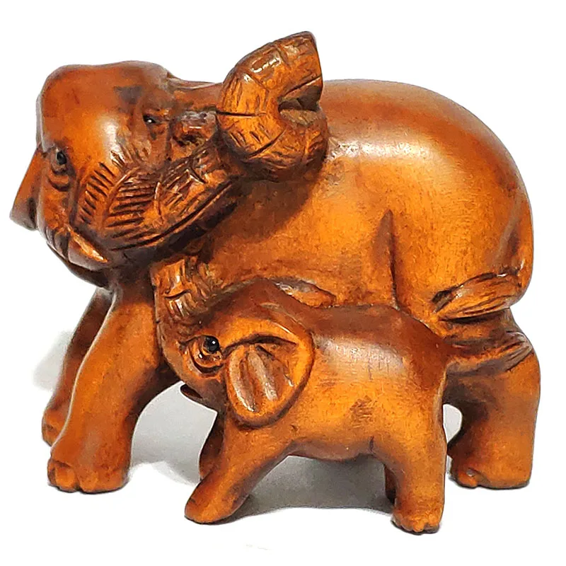 

Y7211 - 2 " Hand Carved Japanese Boxwood Netsuke Carving Figurine - Elephant Mom and Baby