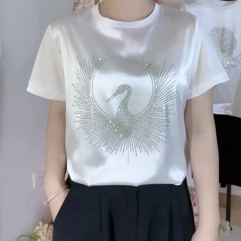 2024 Sommer neue modische minimalist ische Pendel Damen Rundhals Diamanten gedruckt lose einfarbige Kurzarm T-Shirts Tops