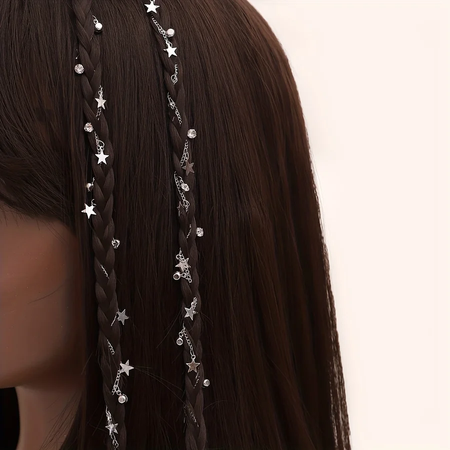 

2023 New Water Drill Chain Braided Headwear Ponytail Decorated with Stars Hairpin Tied Hair Chain