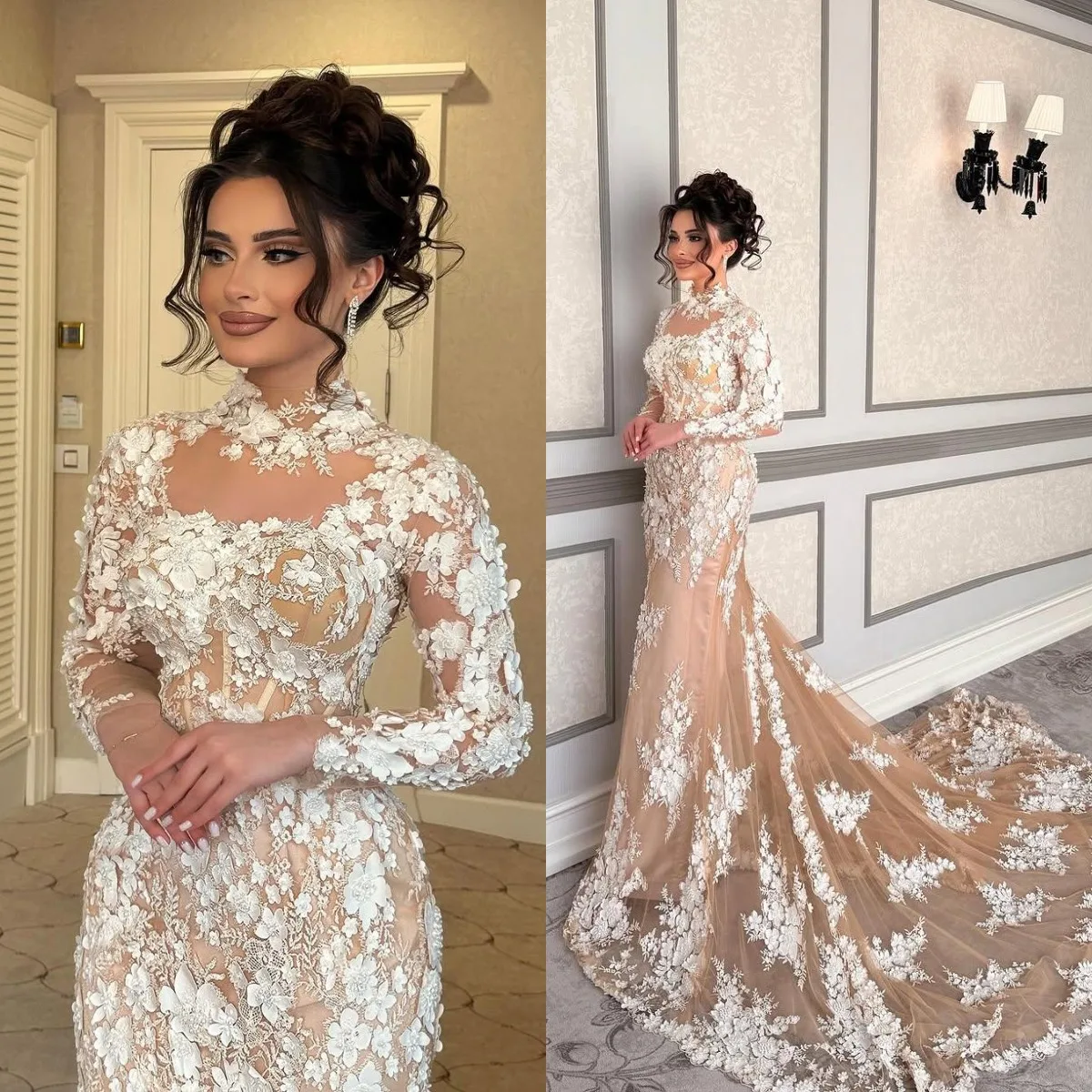 

Simple High Neck Wedding Dresses 3D Floral Appliques Mermaid Bridal Gowns Long Sleeve Princess Customized Vestidos De Novia
