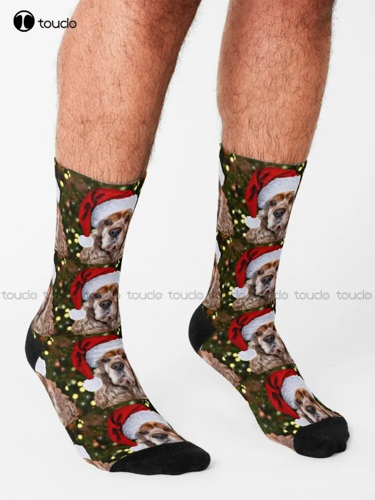 Christmas Cocker Spaniel Dog Dogs Puppy Puppies Socks Work Socks For Men 360° Digital Print Custom Gift Streetwear Funny Sock