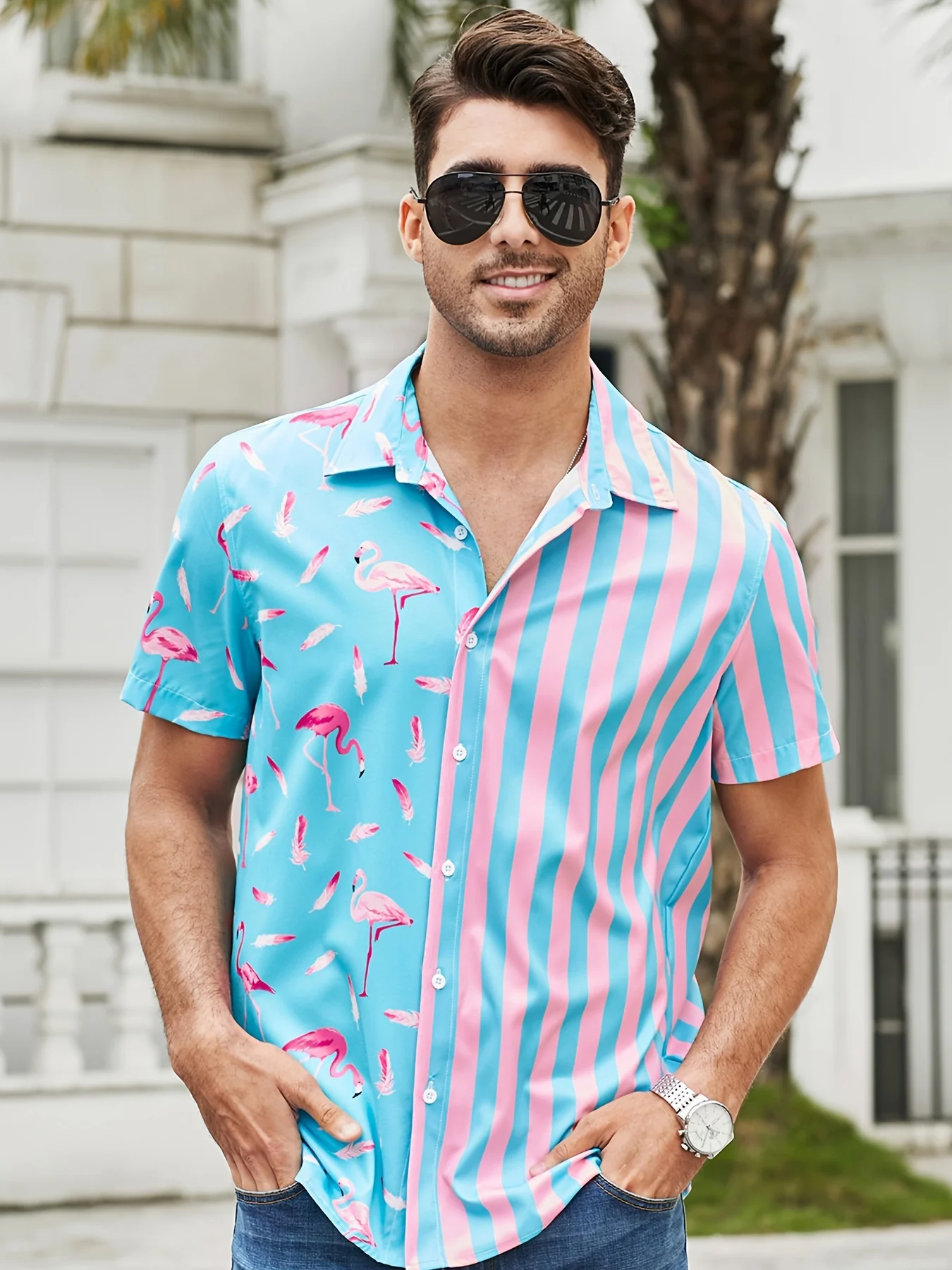 Mode Flamingo Streeppatroon Shirt Hoge Stretch Korte Mouw Heren Hawaiian Shirt Zomer Vakantie Casual Street Shirt