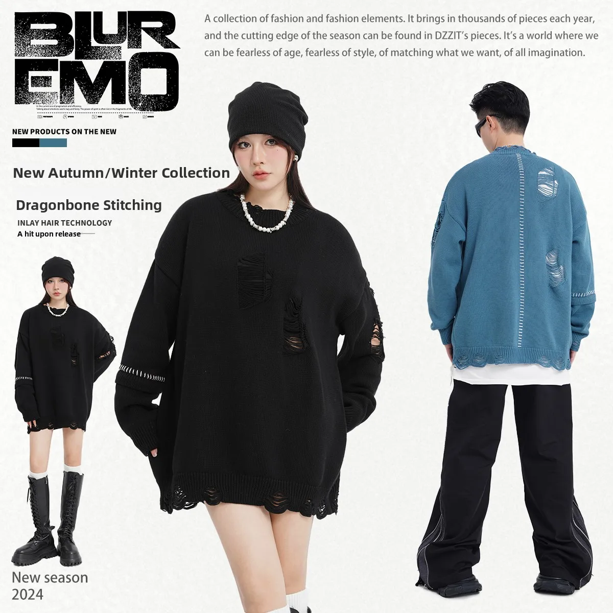

BLUREMO Loose Knitted Sweater Hollow out Splicing Dragon Bone Line Trendy Spring Summer High Street Casual American Sle