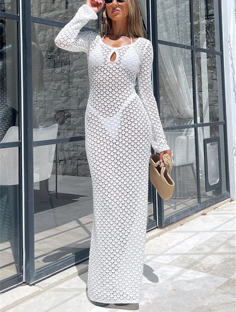 Vestido de playa ajustado de manga larga para mujer, traje de baño Sexy de punto de ganchillo para cubrir Bikini, bata de baño con protección solar