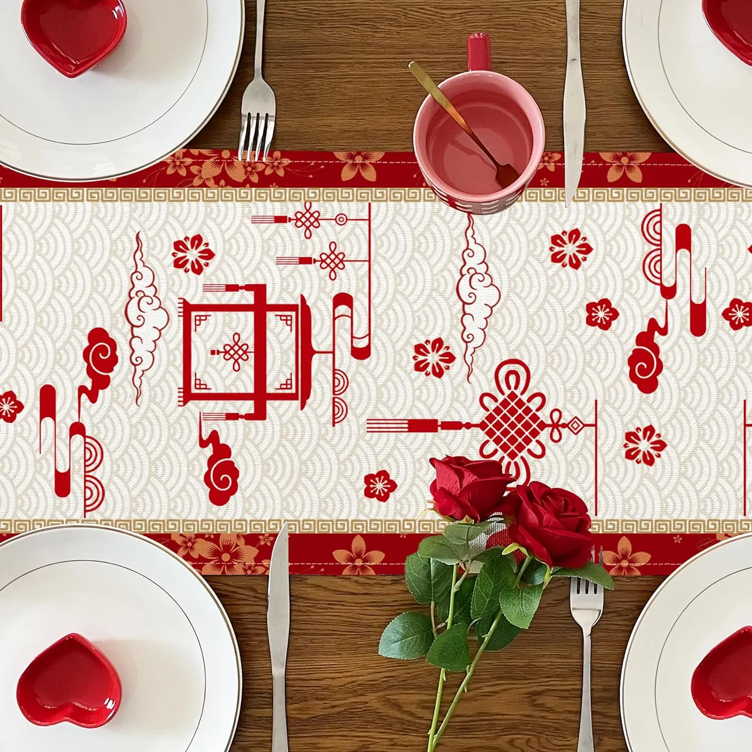 Spring Festival Year of Dragon Linen Table Runner Happy Chinese New Year 2024 Holiday Party Home Kitchen Dining Table Decoration