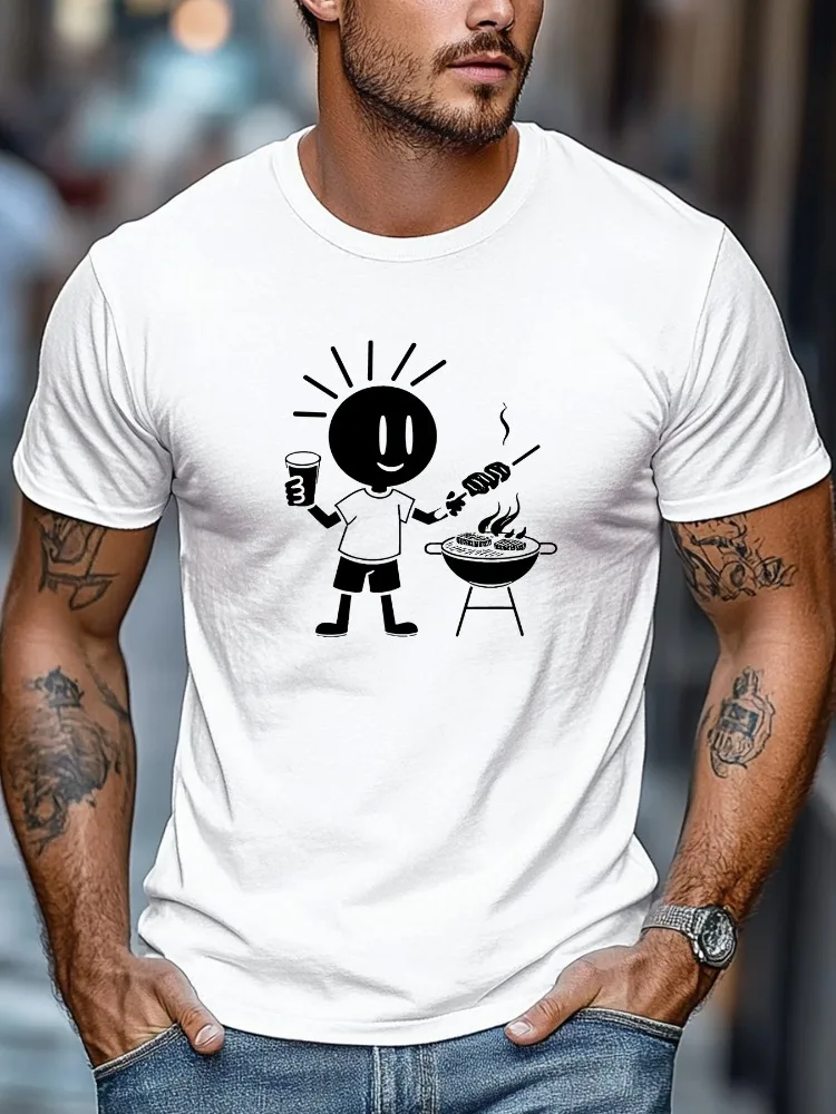 Men Dark Heather Crew Neck Tee Stick Figure Barbecue Beer Grill Graphic Soft Short Sleeve BBQ Lover Daily Loose Male Tops