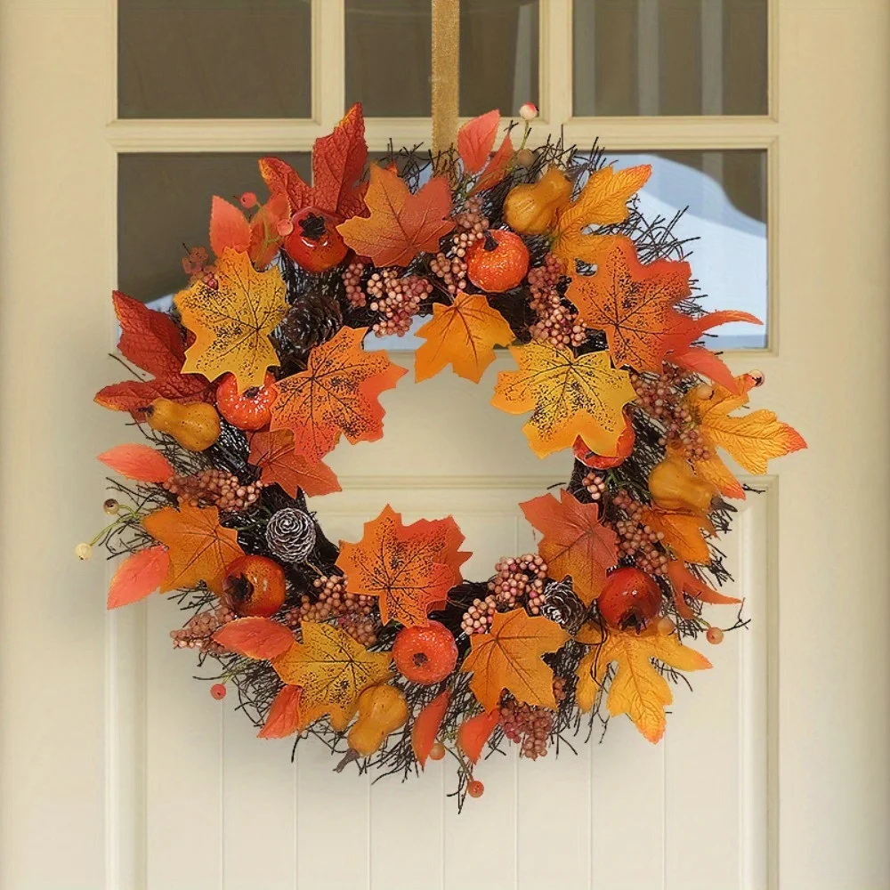 

1 Pc Fall Maple Leaves Wreaths for Front Door, Artificial Pumpkins Door Wreaths for Outside Inside Porch Decor, Autumn