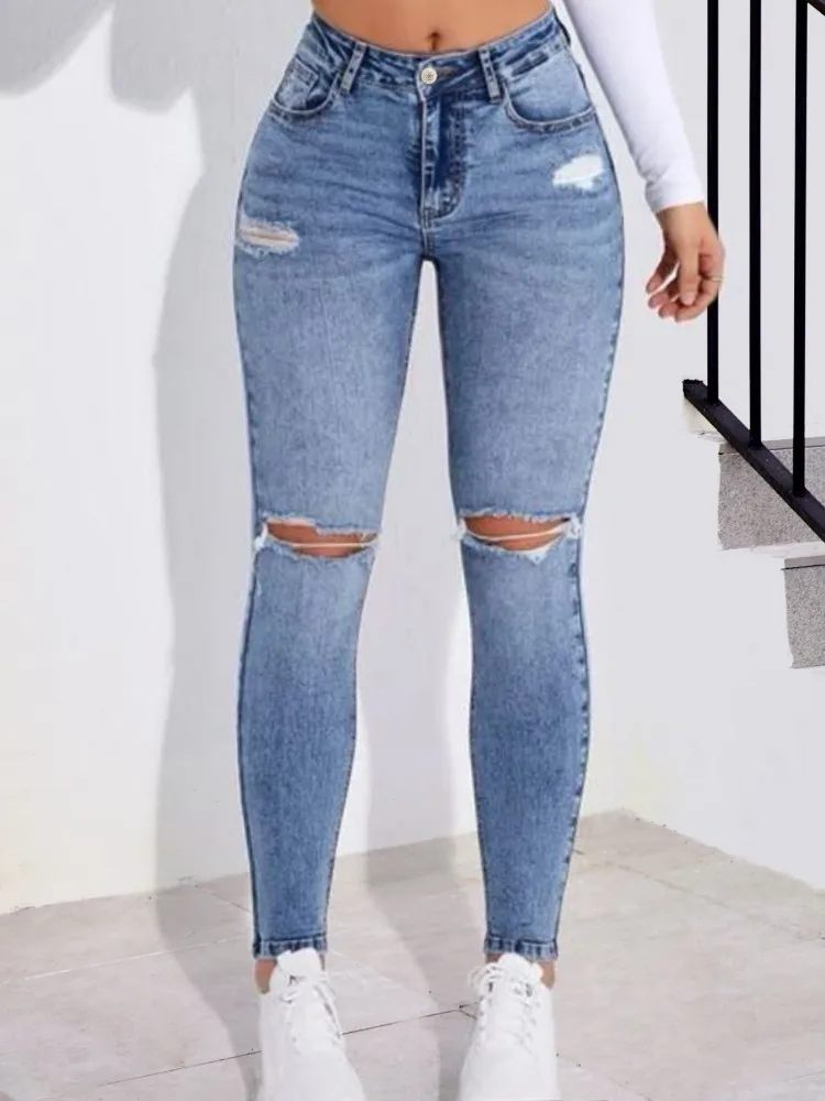 

Blue stir fried snowflake fashionable hole tight fitting small leg jeans
