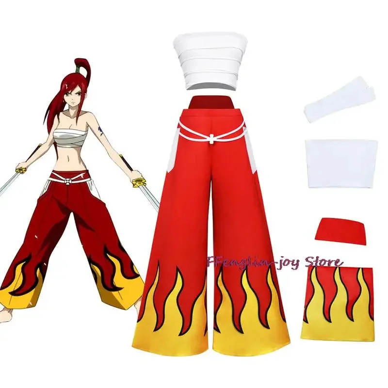Cosplay de Anime para mujer, disfraz de Erza Scarlet de rol de Anime japonés, pantalones, Tops de tubo blancos, conjunto rojo fresco