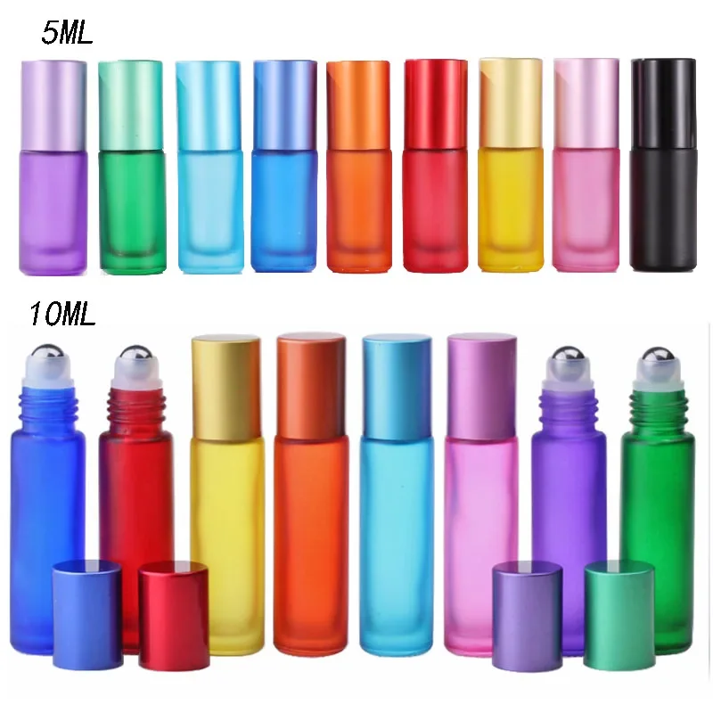 

10X 20X 5ml 10ml Refillable Frosted Colorful Empty Glass Essential Oil Perfume Roll On Bottles With Stainless Steel Roller Ball