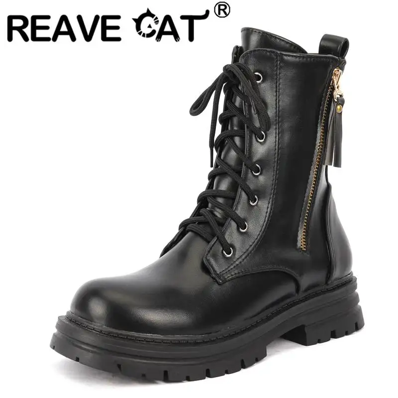 

REAVE CAT Design Booty с круглым носком на толстом каблуке 4 см, британские ботинки на шнуровке для девочек, размер 33, размер 43