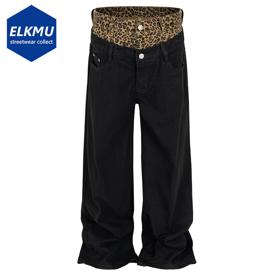 Leopard Patchwork Jeans Fake Two Piece Black Baggy Jeans Men's Luxury Designer Loose Denim Pants