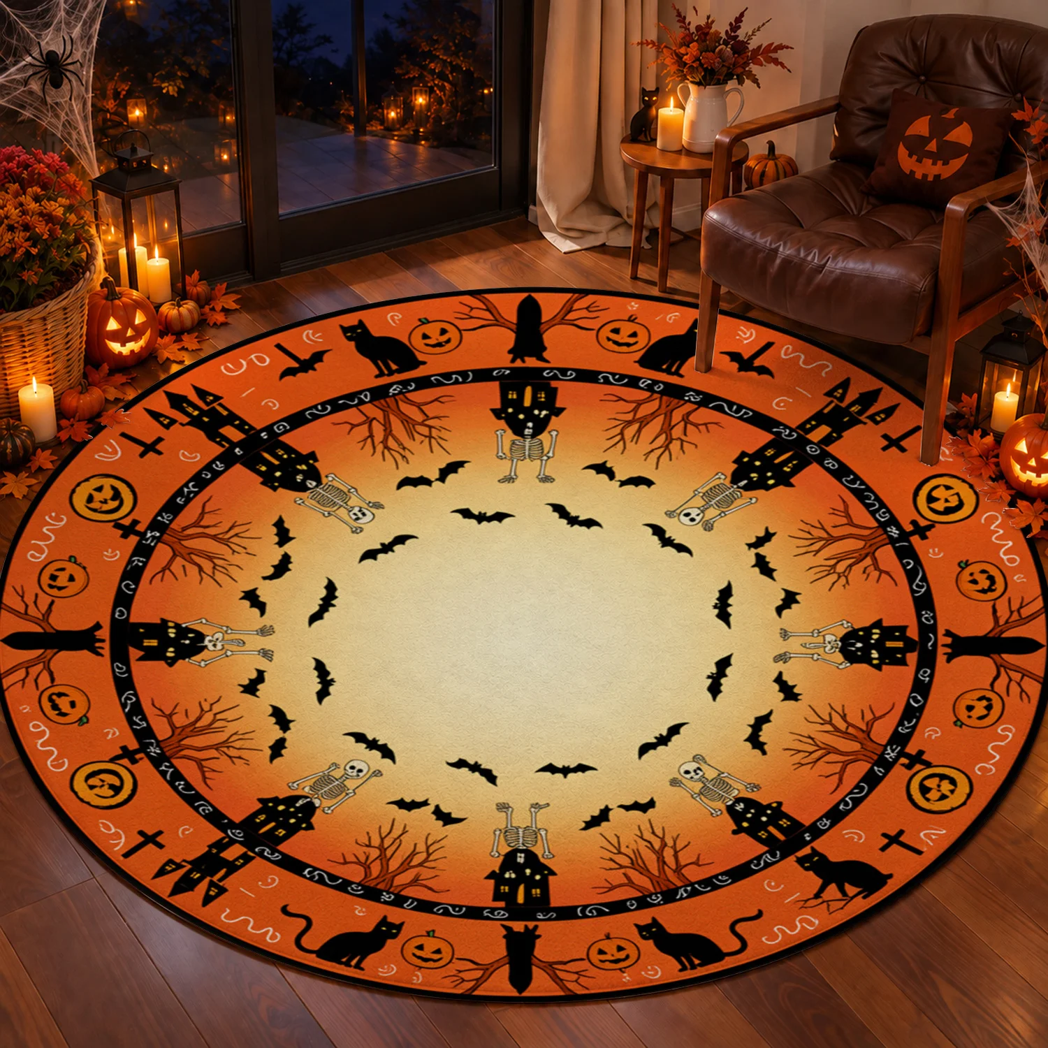 Halloween Themed Bat Skeleton Cat Pumpkin Haunted House Pattern Round Velvet Rug Machine Washable for Living Room Bedroom Dining Room Entryway Halloween Thanksgiving Christmas New Year Black Friday Cyber Monday