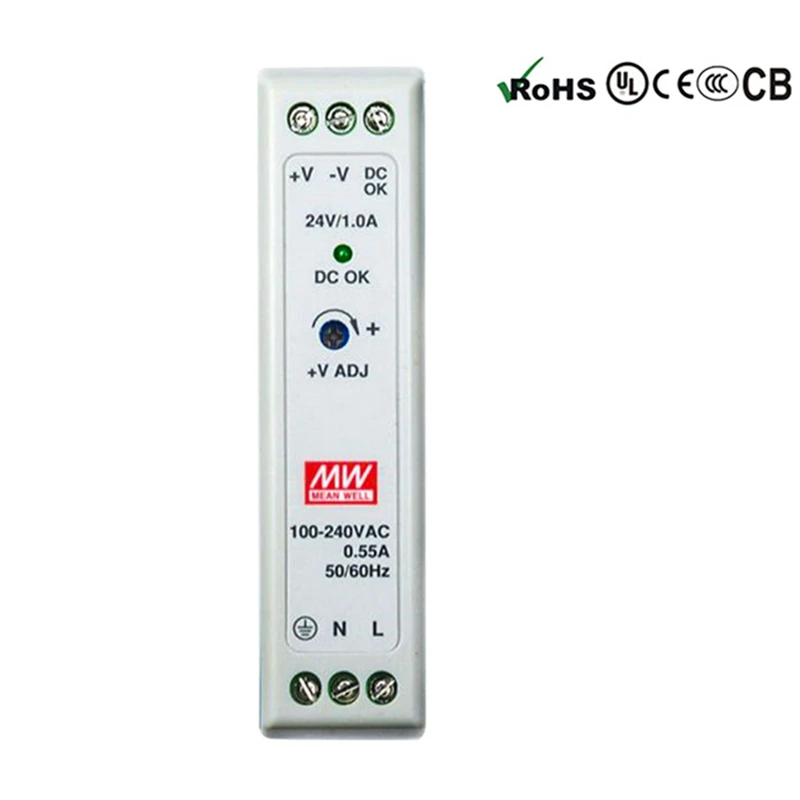 يعني جيدا MDR-20-5 MDR-20-12 MDR-20-15 MDR-20-24 الصناعية Din السكك الحديدية 20 واط إخراج واحد تحويل التيار الكهربائي 5 فولت 12 فولت 15 فولت 24 فولت