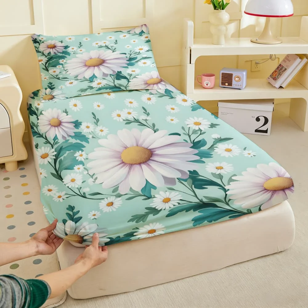 1pc White Daisies Print Fitted Sheet Deep Pocket Elastic Mattress Cover Single Double Queen King Bedroom Decor