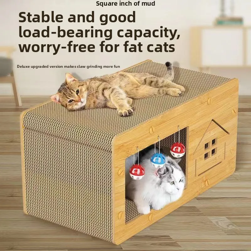 

Cat Scratching Post and Cat House Combined Non-Stick Cat House with Bell Double-Layer Corrugated Suitable for All Seasons