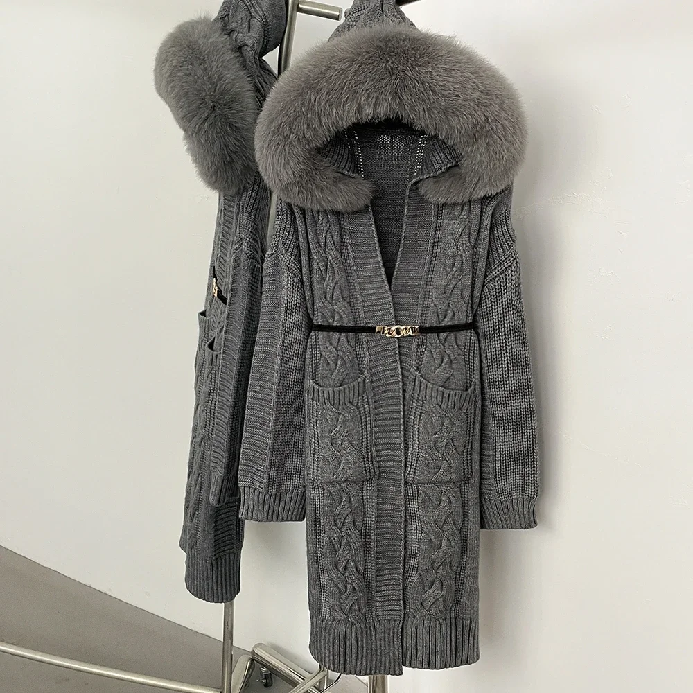 

Knitwear Women Spring Real Fur Coat Autumn Knitted Coat Clothes Fashion Belt Sweater Female Cardigan Hooded Real Fox Fur Jacket