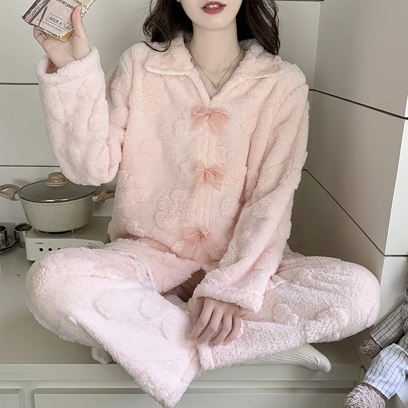 

Женские пижамы из кораллового флиса для девочек, осенне-зимняя новая модель, удобная одежда для сна на флисовой подкладке, утепленный домашний костюм, сохраняющий тепло