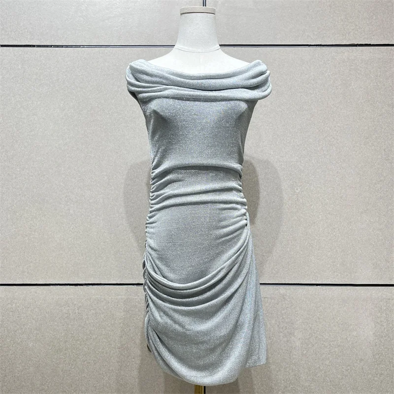 elegant party dresses woman 2024 New Sexy Off Shoulder Mini Dress Silver silk blended sleeveless Short dresses Evening dresses