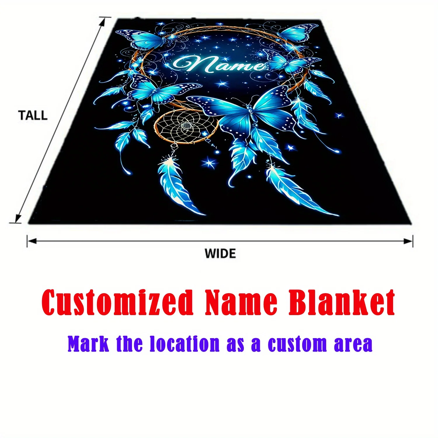 1 personalized custom named blanket with elegant blue butterfly and dreamcatcher night sky design, gentle all season polyester