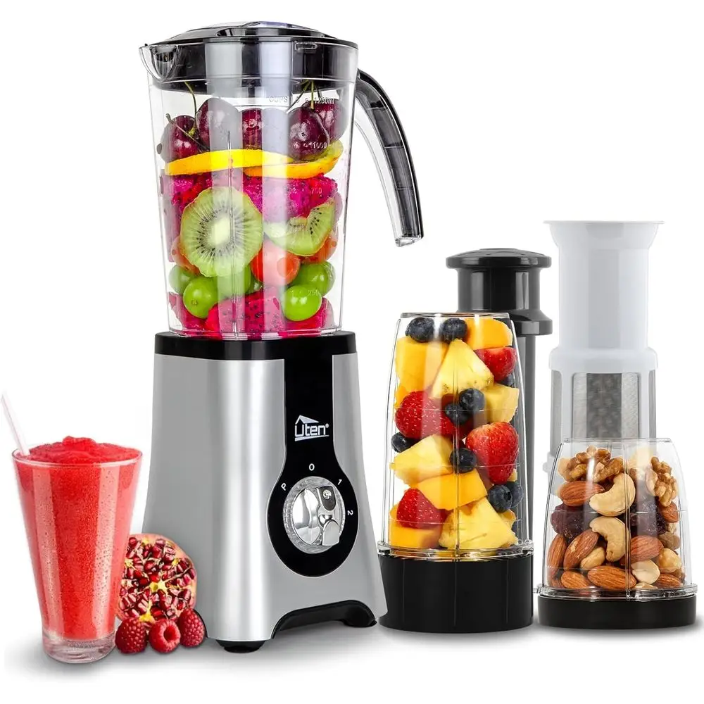 

42 oz Multi-Function Blender: Smoothie Maker, Juicer, Grinder with Stainless Steel Blades, BPA-Free, Dishwasher Safe, 3 Cups & 2