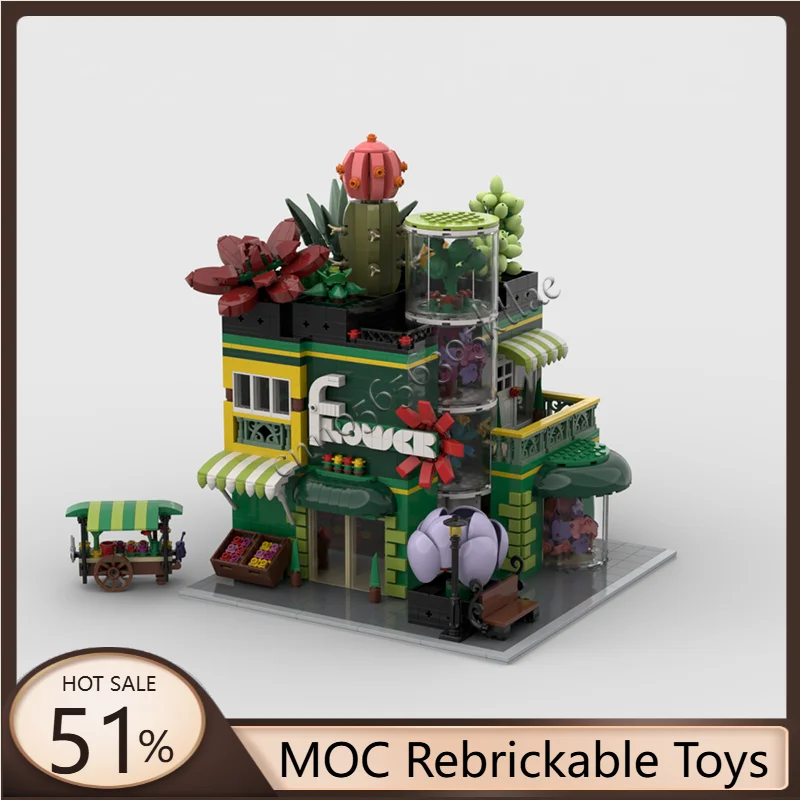 

1835 детали MOC City Street Views, модульный цветочный магазин и дисплей для набора строительных блоков, образовательная сборка, детские игрушки, подарки