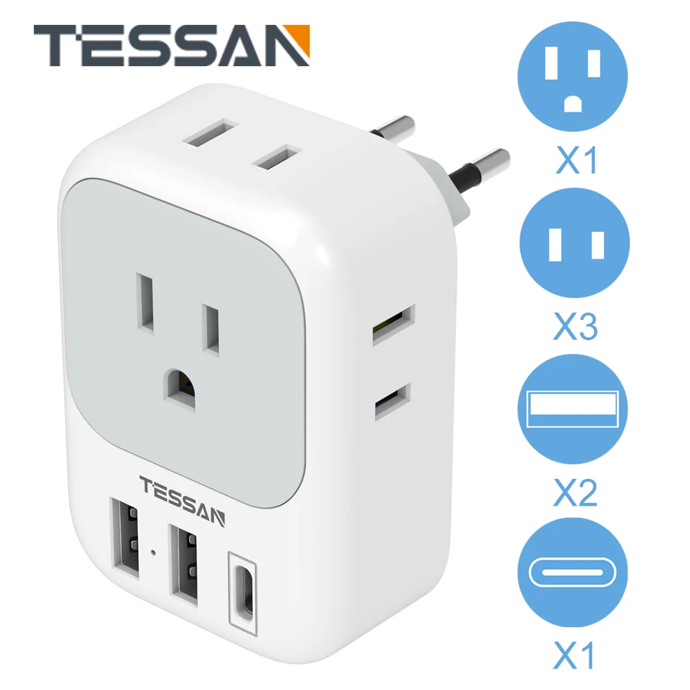 TESSAN 7 in 1 US Plug Adapter with 4 AC Outlets and 3 USB (1 USB C), Type C Plug European Travel Plug Adapter for Spain Germany