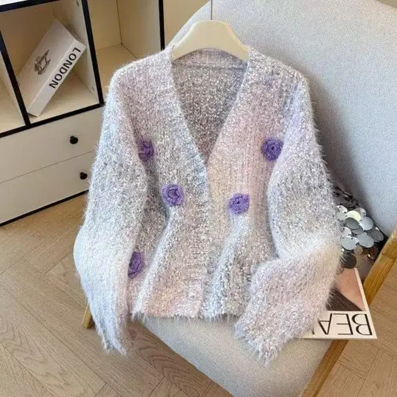 

Градиент цвета, трехмерный цветок, вязаный кардиган, куртка для женщин, осенне-зимний свободный свитер, топ