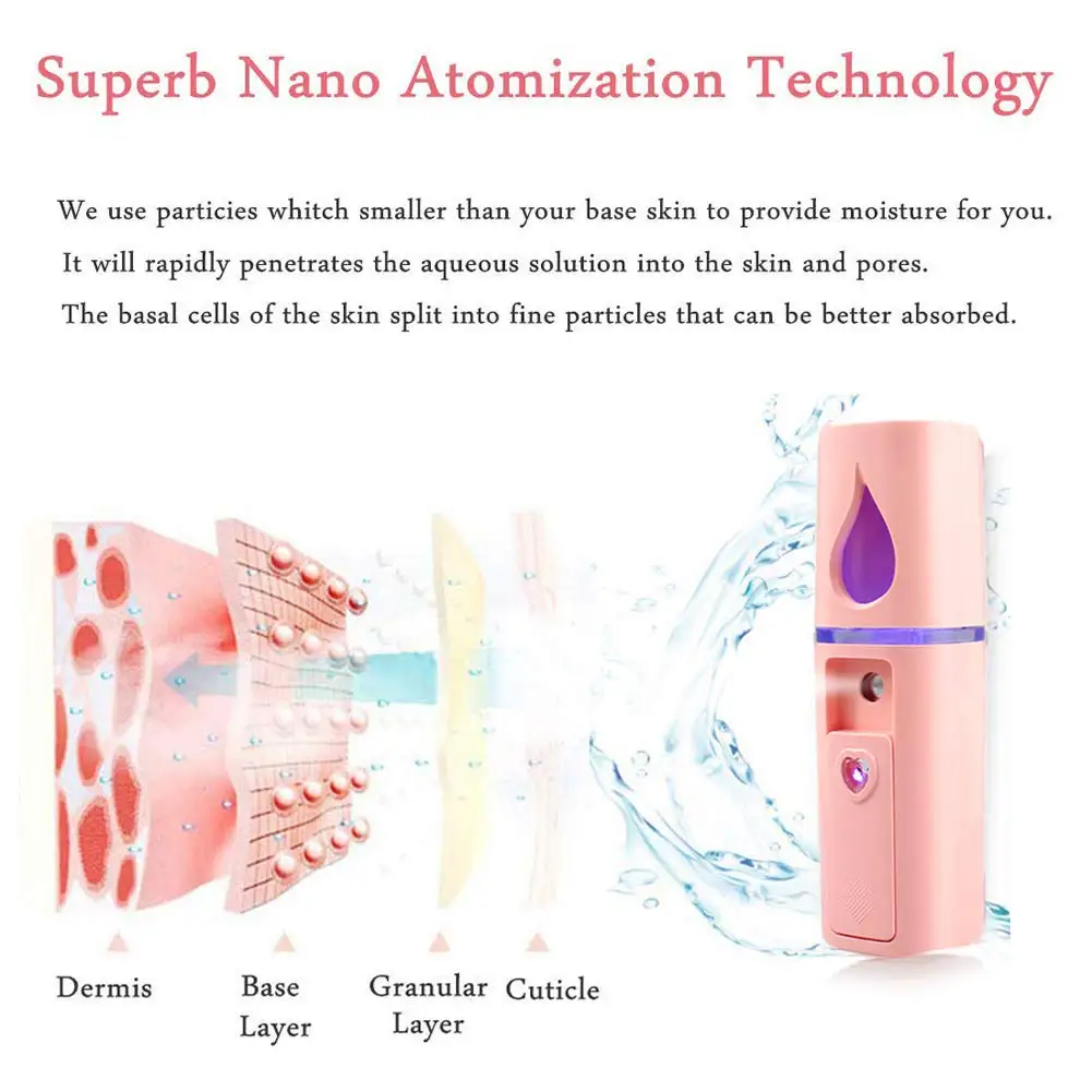 A44TPortable Nano Facial Mister Mini Facial Steamer Atomização Extensões de Cílios com Espelho Rosa